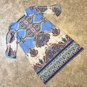 Roz & Ali western Light Blue Paisley Shift Dress with Coral Accents formal